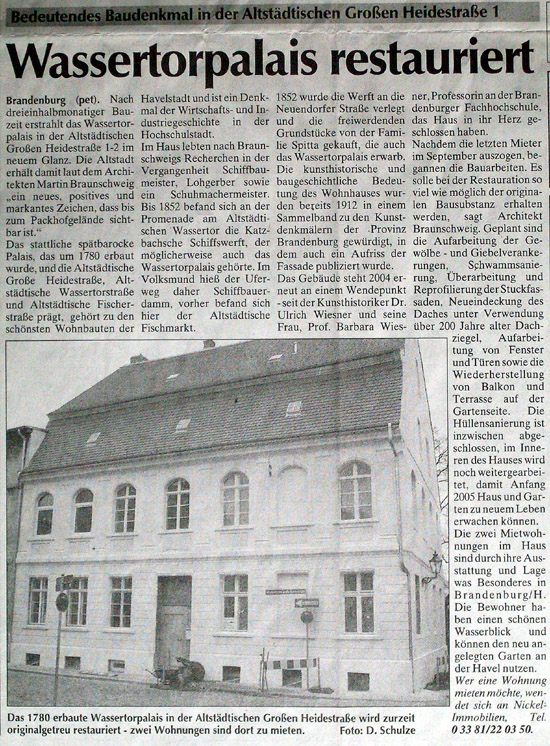 Scan: Zeitungsartikel: Wassertorpalais restauriert.